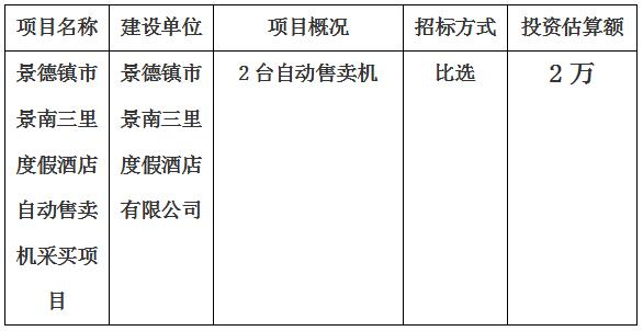 景德鎮(zhèn)市景南三里度假酒店自動售賣機(jī)采買項(xiàng)目計劃公告