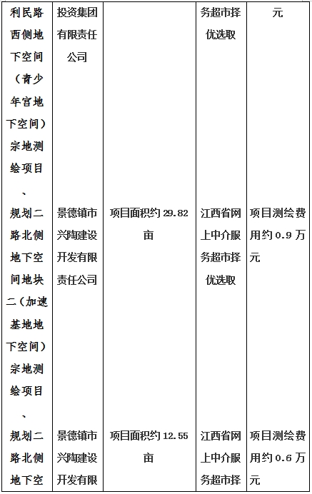 景德鎮(zhèn)市昌南新區(qū)LJ1-03-A01-1地塊、瓷都大道東側(cè)中渡口地下空間（格蘭云天大酒店地下空間）、光明大道北側(cè)利民路西側(cè)地下空間（青少年宮地下空間）、規(guī)劃二路北側(cè)地下空間地塊二（加速基地地下空間）、規(guī)劃二路北側(cè)地下空間地塊一（加速基地地下空間）、景德大道南側(cè)天寶橋西側(cè)地塊、景興大道東側(cè)如意路北側(cè)地下空間(社會(huì)公共服務(wù)