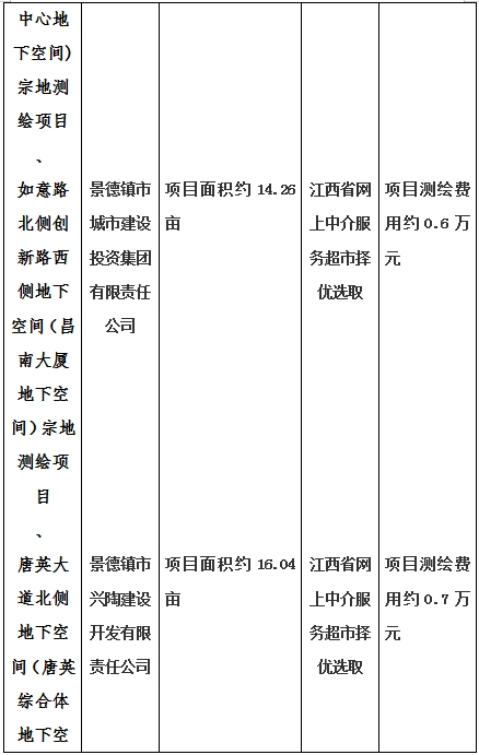 景德鎮(zhèn)市昌南新區(qū)LJ1-03-A01-1地塊、瓷都大道東側(cè)中渡口地下空間（格蘭云天大酒店地下空間）、光明大道北側(cè)利民路西側(cè)地下空間（青少年宮地下空間）、規(guī)劃二路北側(cè)地下空間地塊二（加速基地地下空間）、規(guī)劃二路北側(cè)地下空間地塊一（加速基地地下空間）、景德大道南側(cè)天寶橋西側(cè)地塊、景興大道東側(cè)如意路北側(cè)地下空間(社會(huì)公共服務(wù)