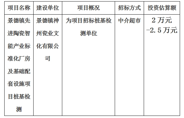 景德鎮(zhèn)先進(jìn)陶瓷智能產(chǎn)業(yè)標(biāo)準(zhǔn)化廠房及基礎(chǔ)配套設(shè)施項(xiàng)目樁基檢測計(jì)劃公告